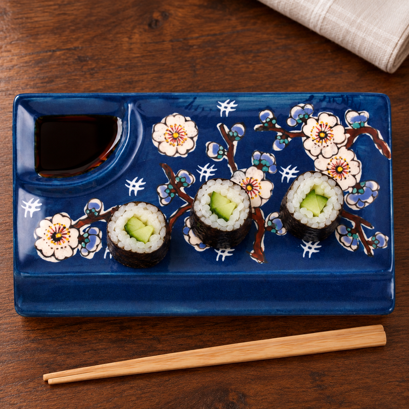 Blue & White Blossom Sushi Plate with Sauce Well — SFP3-6719