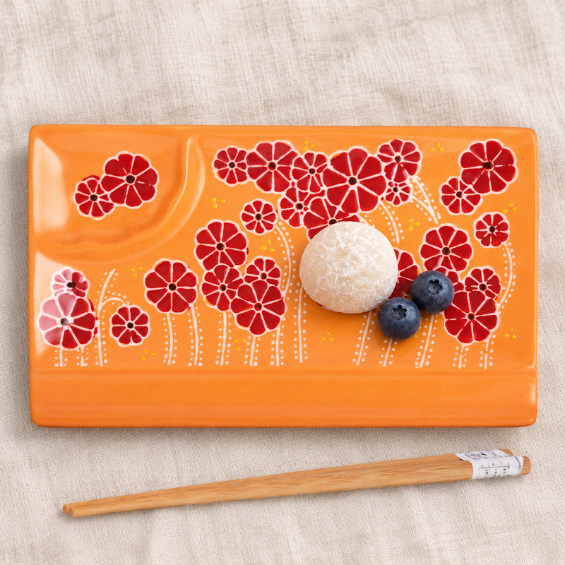 Orange Floral Sushi Plate with Sauce Well — SFP3-7088
