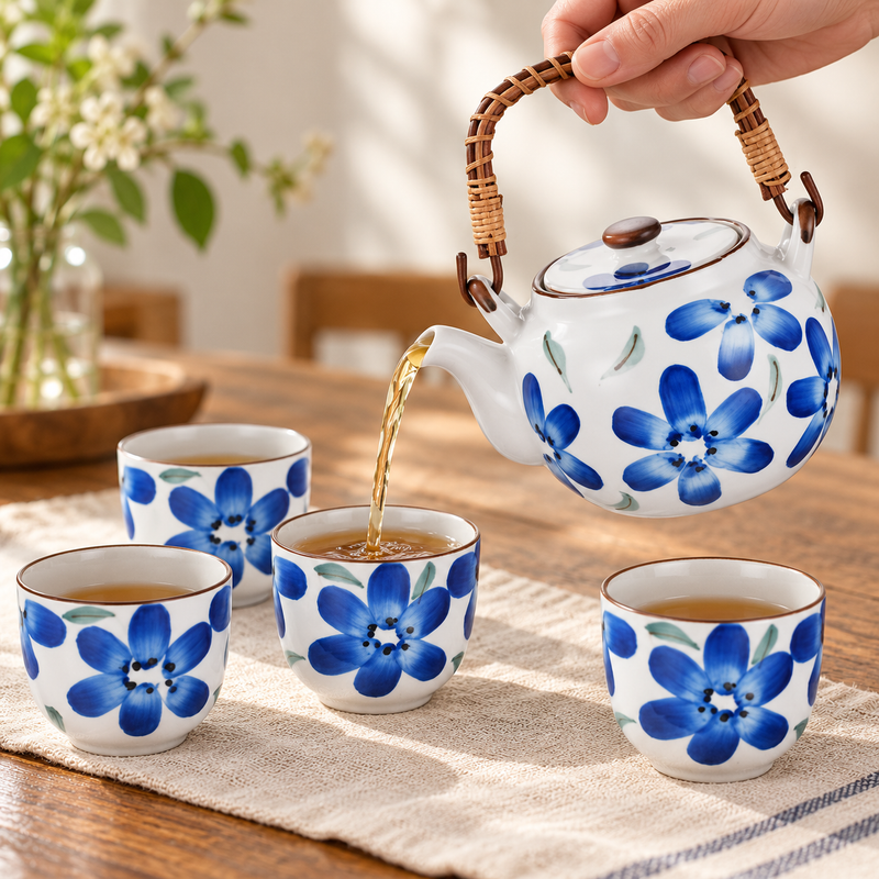 Blue floral teapot pouring into one of four matching cups