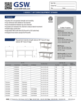 GSW original equipment-stand dimensional drawing and model matrix. ES-E variants use the galvanized construction and corresponding ES-E size rows; other construction series are separately labeled.
