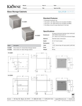 Krowne Silver Series original glass-storage cabinet drawings for18-GSB1 rack-slide and18-GSB3 shelf configurations. Both are separately labeled; confirm the ordered configuration.