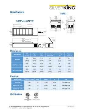 Silverking original manufacturer dimensions and technical data. Use the SKEPT57-SL-1-BA1 row and SKEPT57 drawing; the sheet also includes other named models.