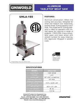 Uniworld UHLA-165 original manufacturer technical sheet with product dimensions, electrical rating, blade size and separate net/gross weights; pallet allowance is separately stated.