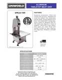 Uniworld UHLA-165 original manufacturer technical sheet with product dimensions, electrical rating, blade size and separate net/gross weights; pallet allowance is separately stated.