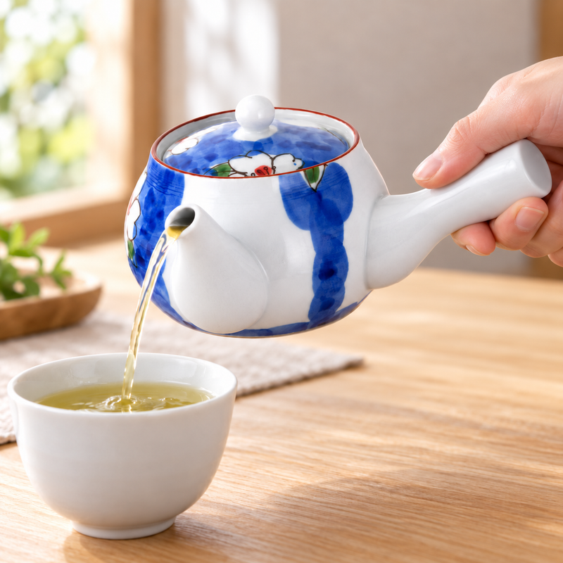 Blue and white blossom side-handle teapot pouring tea into a separate cup