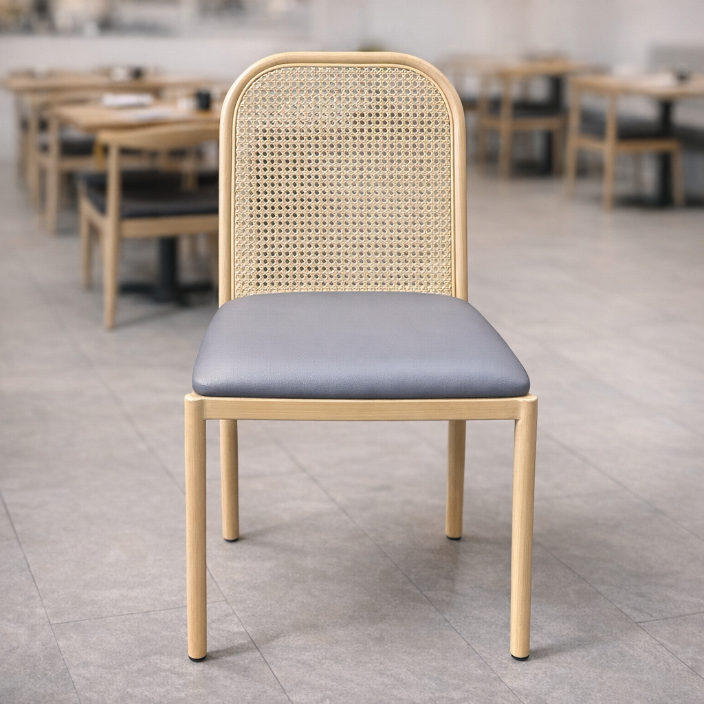 Metal Chair – Natural Wood Grain Frame with Grey Vinyl Seat