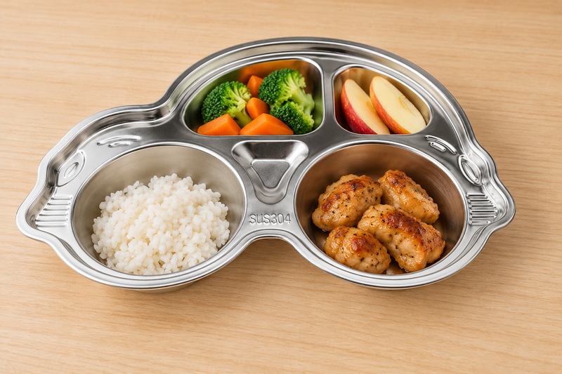 Small Portions, Separate Spaces — 11½″ × 8½″ Stainless Steel Car-Shaped Five-Compartment Kids Tray
