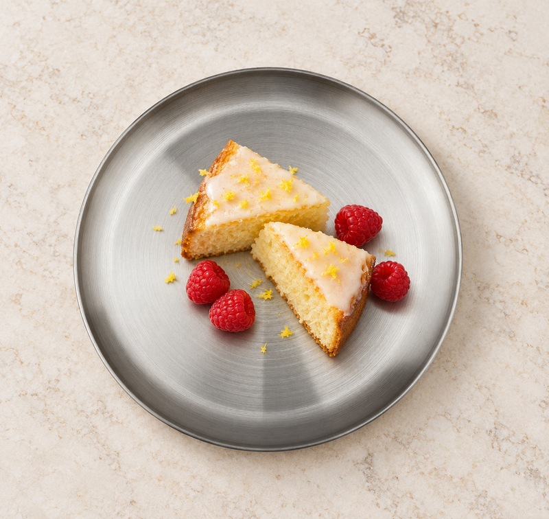 Round silver plate with cake on a stone table