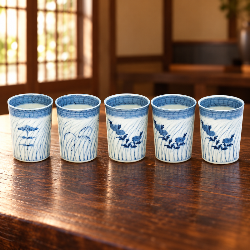 11790 Long Grass sake cup set showing all five cups on a wooden table