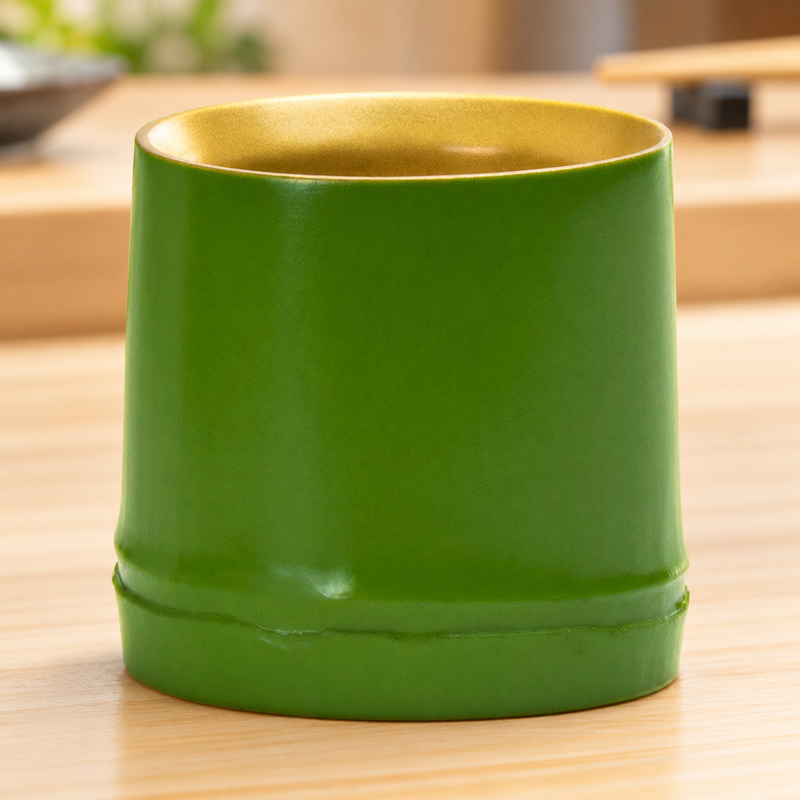 Green bamboo-style plastic sake cup on a preparation counter