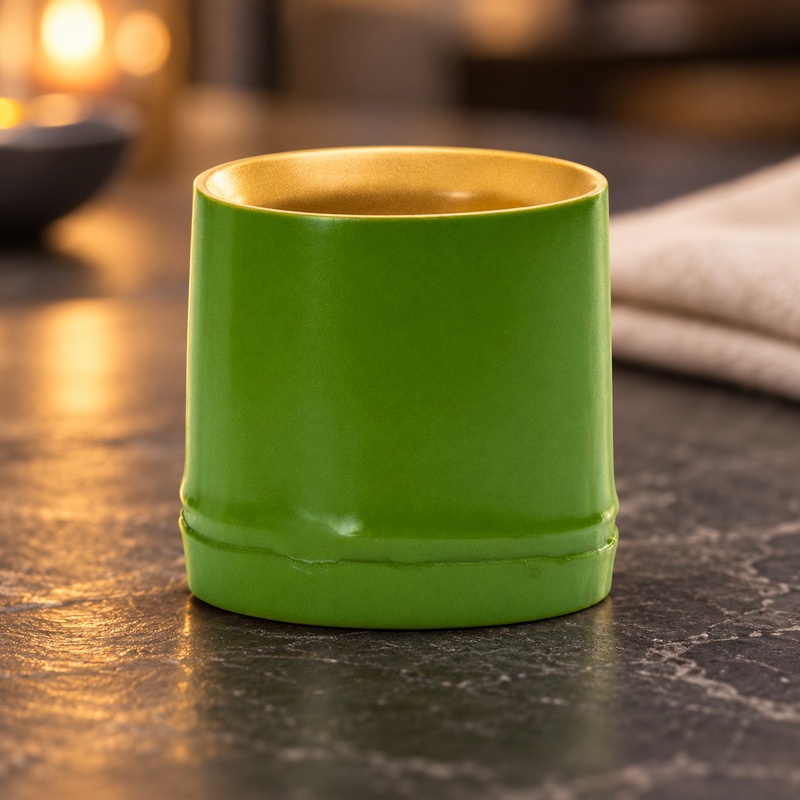 Green plastic bamboo-style sake cup with gold-colored interior in a tabletop setting