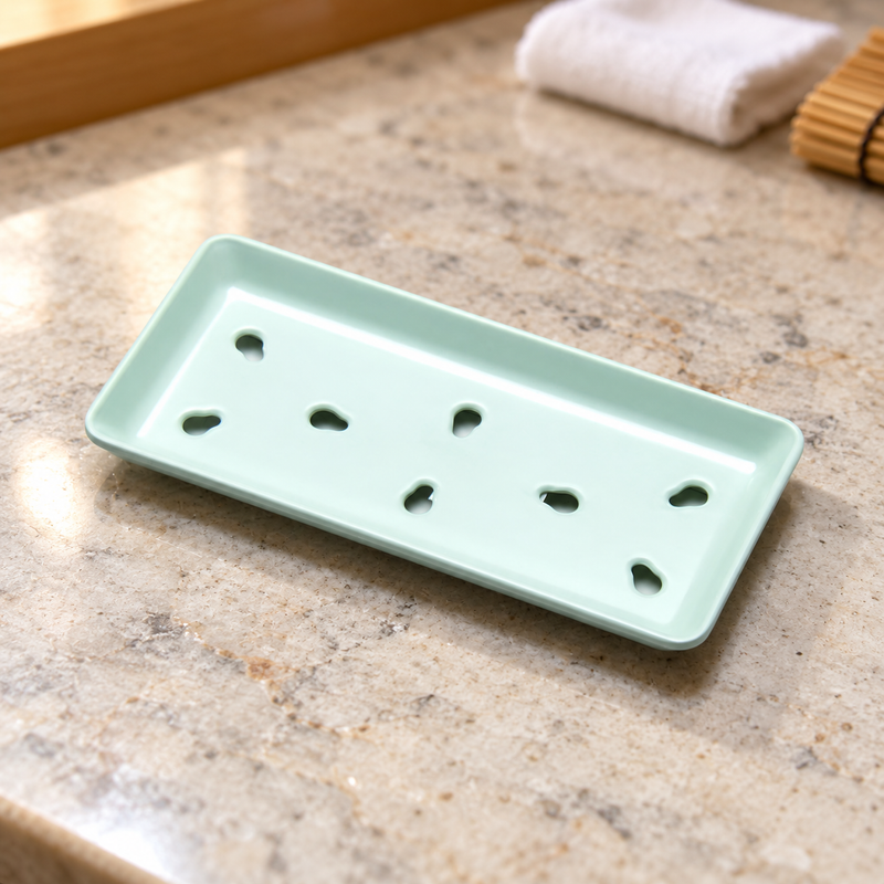 Light Green Perforated Melamine Sushi Case Plate — 8¾ × 4 in