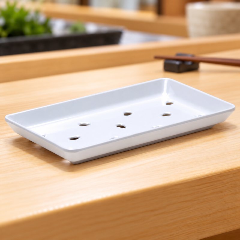 White Perforated Melamine Sushi Case Plate — 8¾ × 5 in