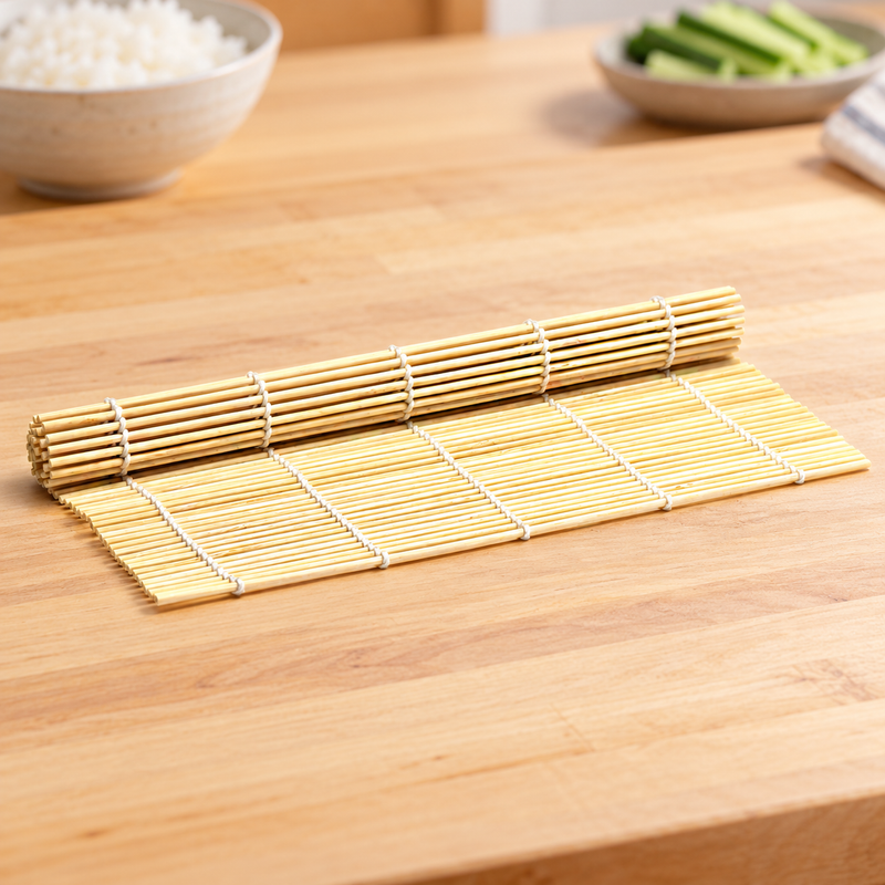 27-0015 skinless bamboo sushi rolling mat at a preparation station