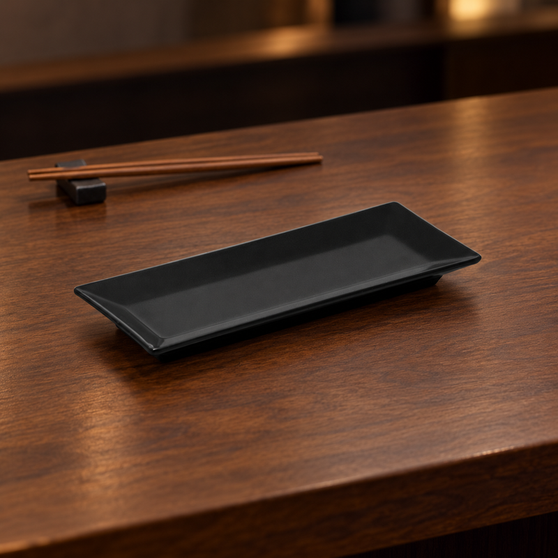 29110BK black rectangular melamine plate on a preparation counter