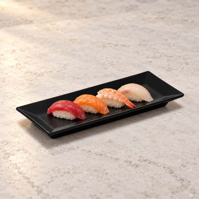 29110BK black rectangular melamine plate in a tabletop setting