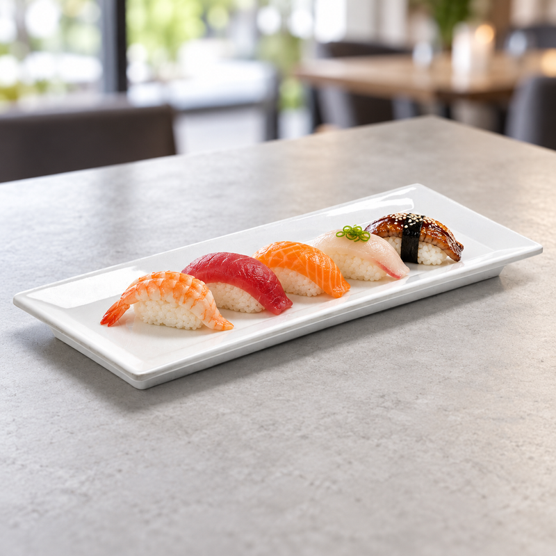 29115WT white rectangular melamine plate with a row of sushi