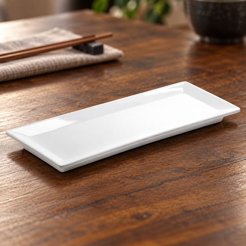29115WT white rectangular melamine plate on a wood tabletop beside chopsticks