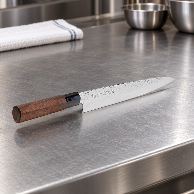 8115-H2 sashimi knife with exact patterned upper blade in a kitchen-counter setting