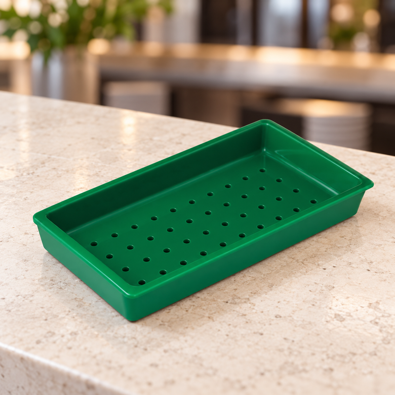 Green 91178 rectangular sushi case plate in a stone-counter setting
