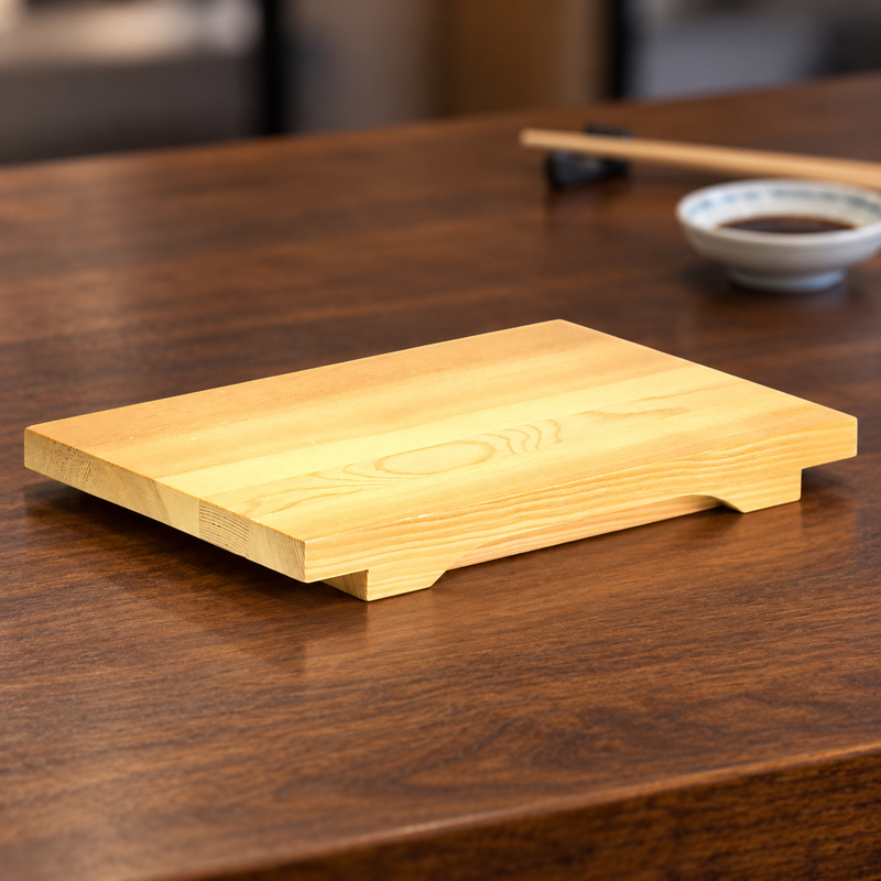 Low wooden 94027-C sushi geta on a restaurant counter
