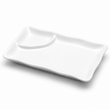 A0406 white two-compartment lotus-rim ceramic plate viewed from an elevated angle