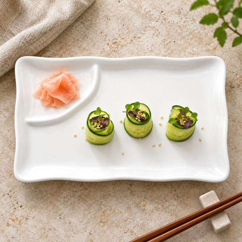 A0406 white lotus-rim divided plate holding appetizers at a tabletop setting
