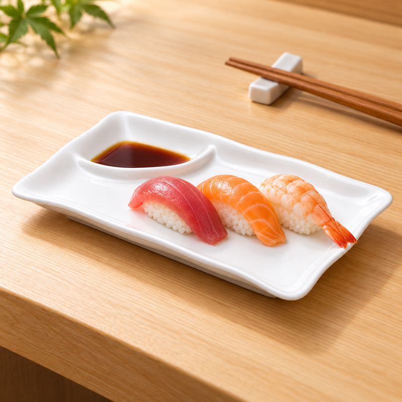 Sushi arranged on the A0406 white ceramic lotus-rim two-compartment plate