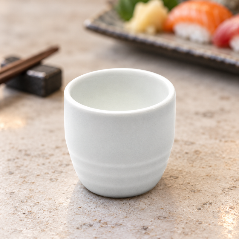 A1888 white ceramic sake cup at a stone tabletop setting