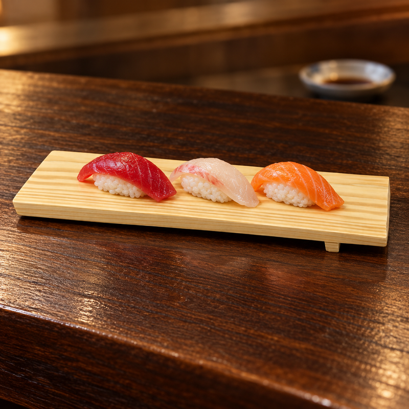 Sushi served on the single DJ-WDGT30 narrow wooden board