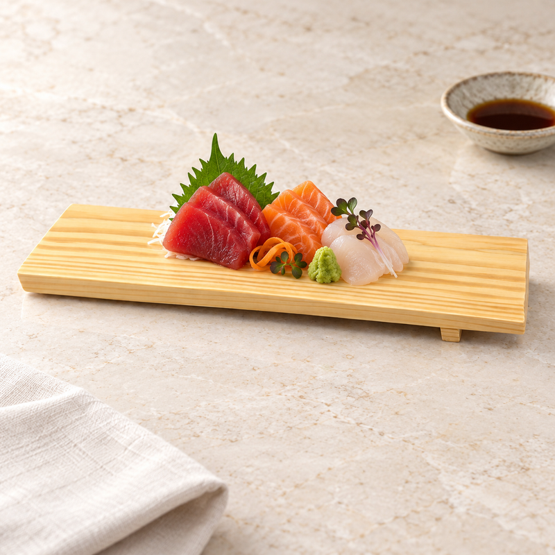 Sashimi arranged on the single DJ-WDGT30 footed wooden board
