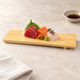DJ-WDGT30 wooden sushi board with a serving on a restaurant table