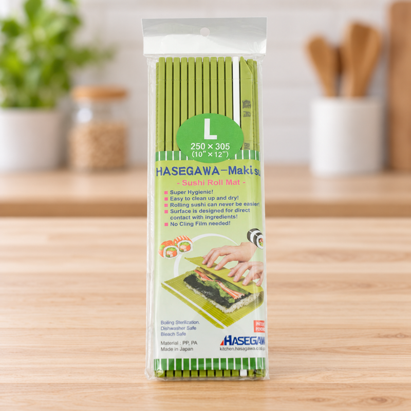 Original sealed FMK-LG sushi-mat package in a tabletop preparation setting