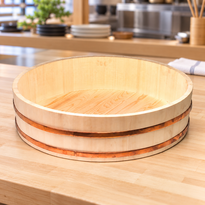 I-654-72 wide wood sushi rice tub at a preparation station