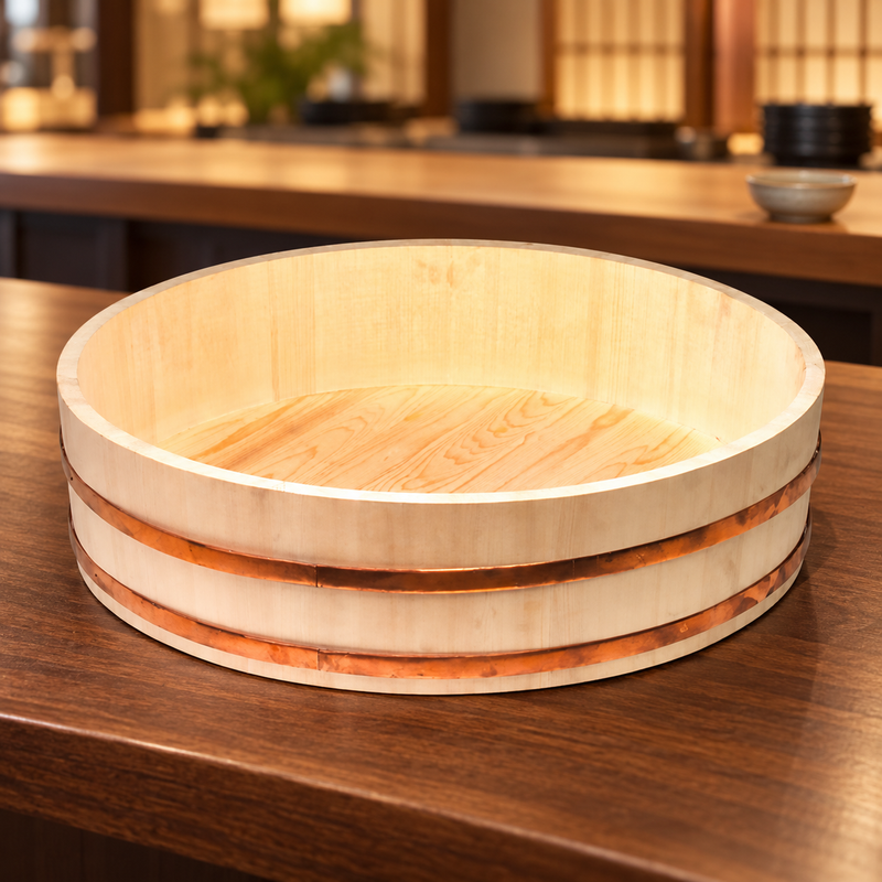 Open wooden sushi rice tub showing its broad round interior