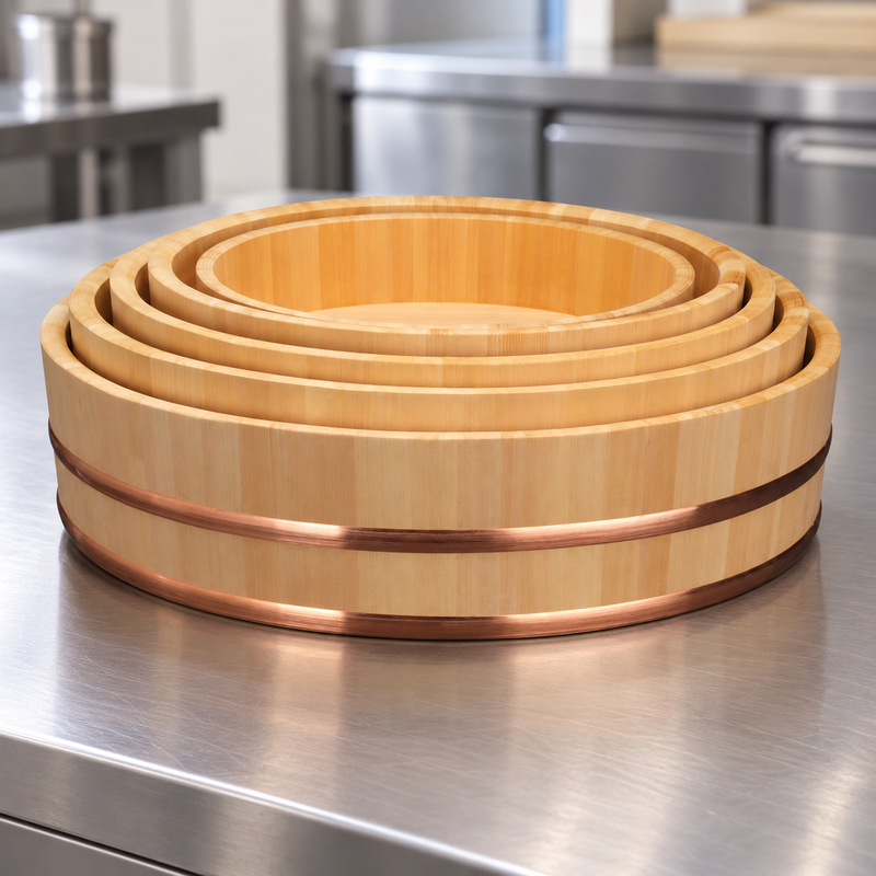I-654 wooden rice-tub size range shown together on a stainless preparation counter