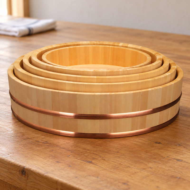 I-654 wooden rice-tub size range shown together on a wooden preparation surface