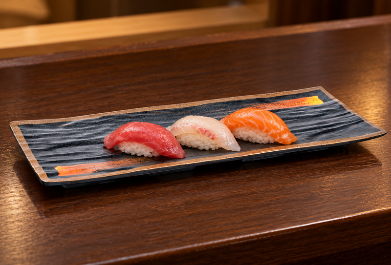 Sushi arranged along the IT-1225G Gold Brush melamine platter