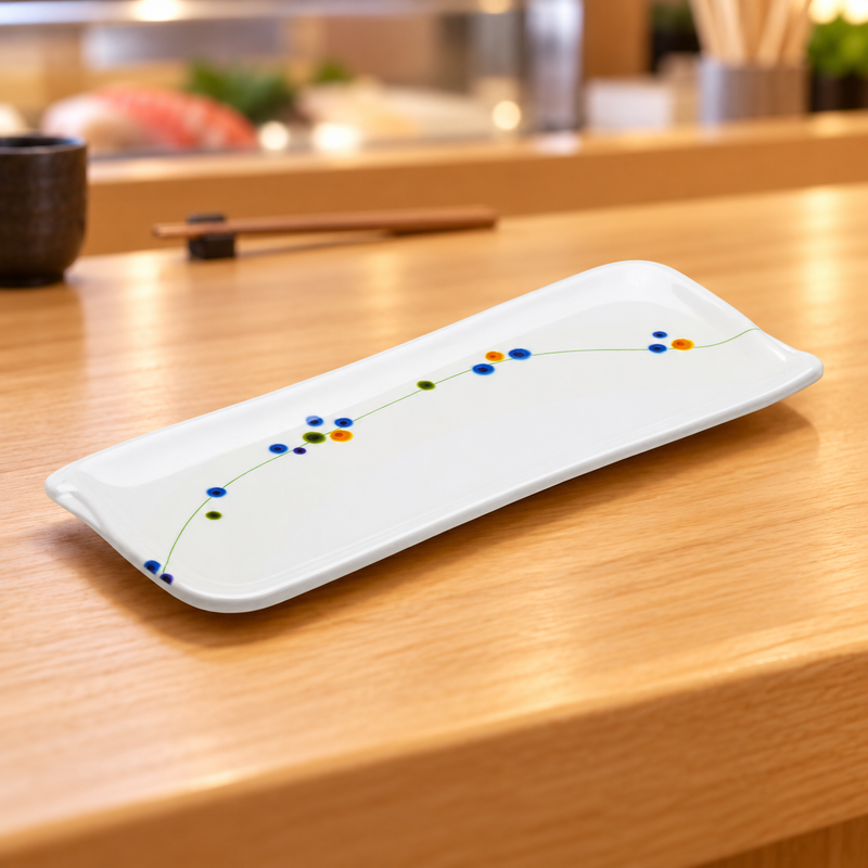 Rain Flower melamine rectangular plate at a counter setting