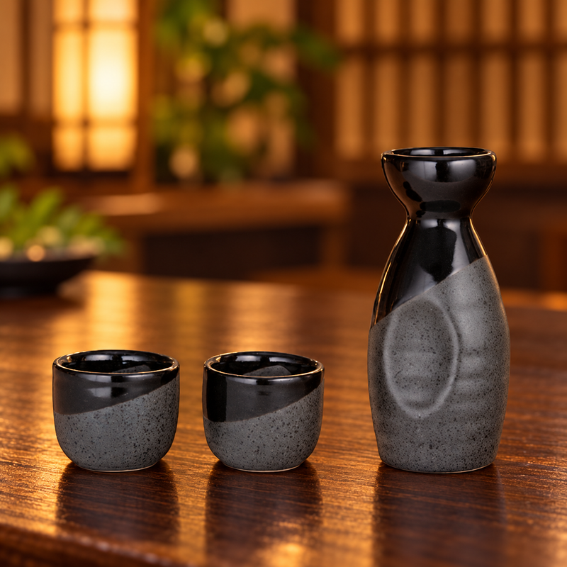 JX12-6 sake bottle and two cups arranged beside a meal