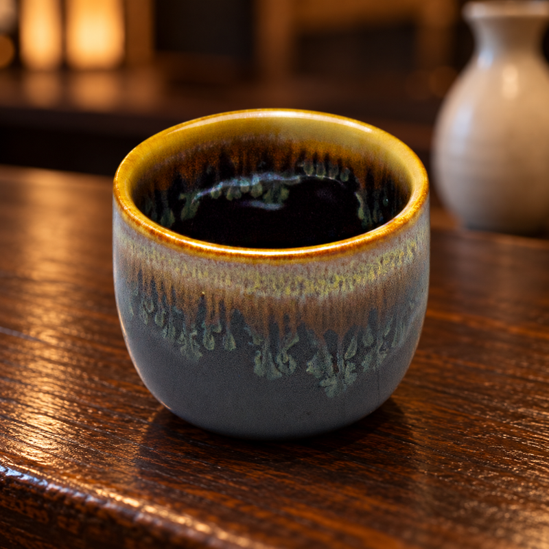 JX8-1 Chun Tenmoku sake cup on a counter
