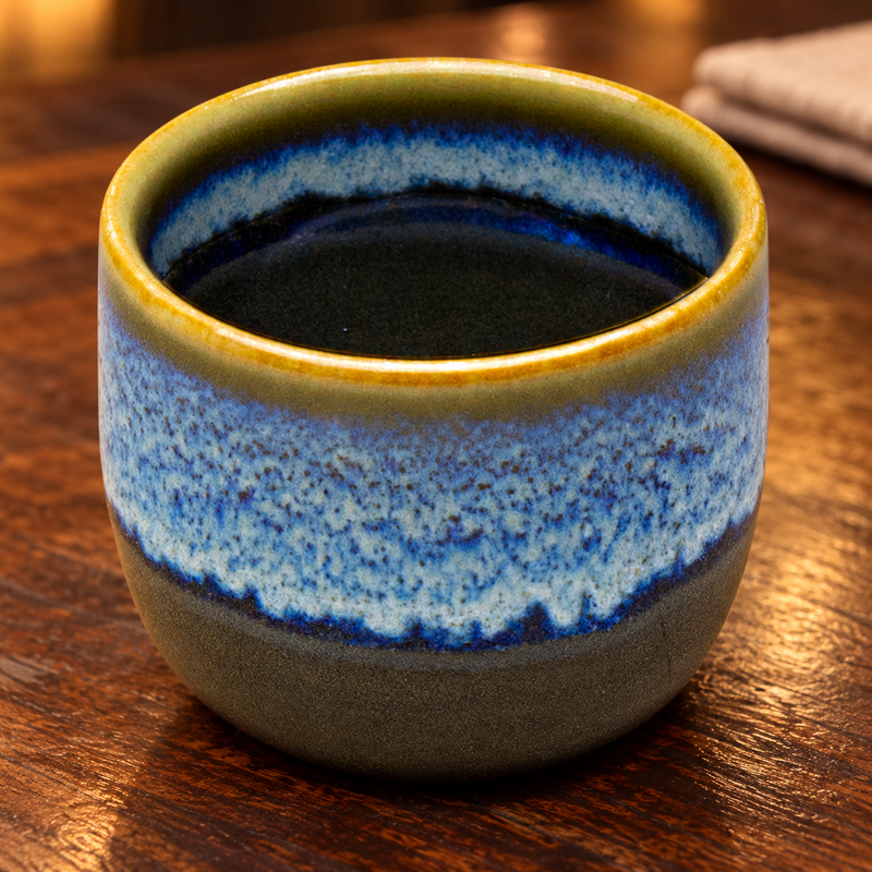JX8-3 blue and brown porcelain sake cup in a dining setting