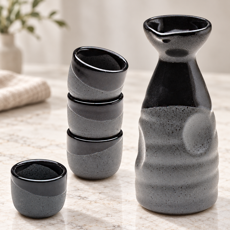 JX9-6 grey-and-black five-piece sake set on stone