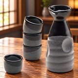 JX9-6 sake set with one bottle and four cups on a wooden table