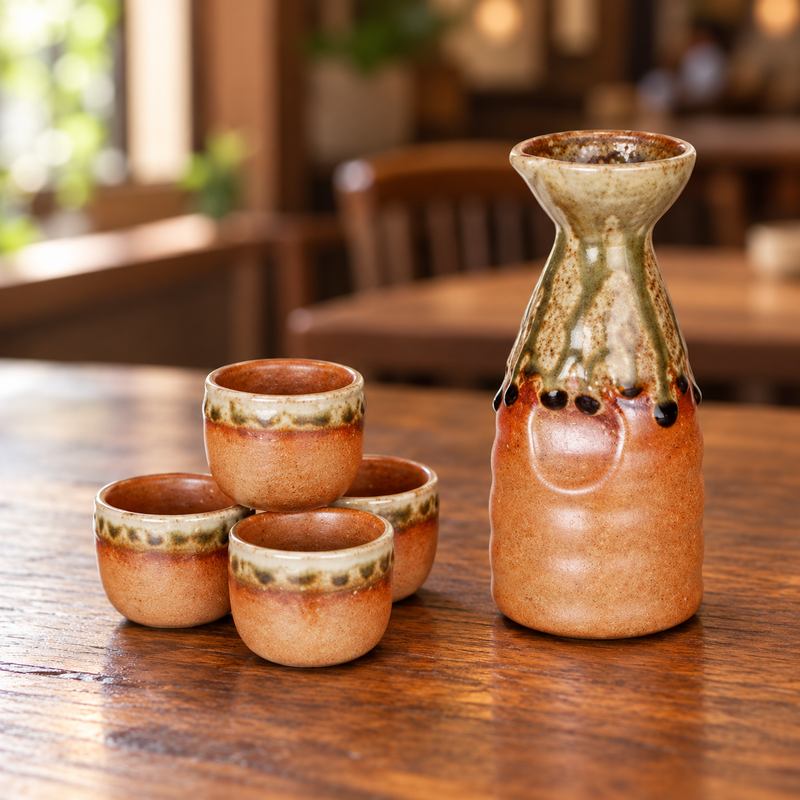JX9-7 Tenmoku orange-and-brown bottle and four cups on wood