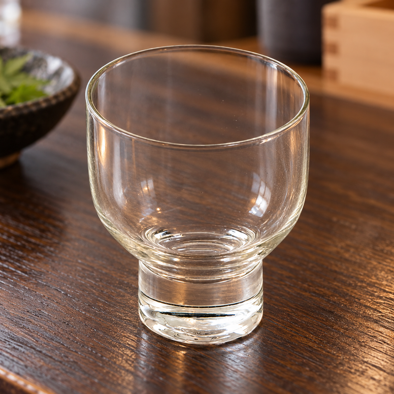 MF24-C clear footed glass sake cup on a counter