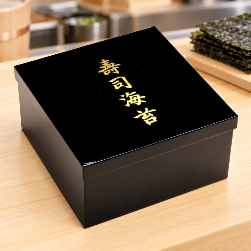 Closed NC-2 black nori container with gold lid characters at a sushi preparation station