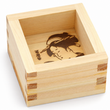 OMS-102 wooden sake cup from an elevated angle showing its portrait and finger-jointed corners