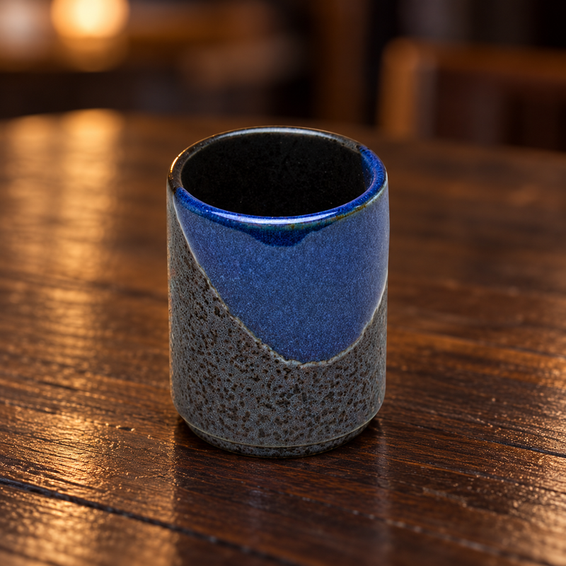 PL8-N tall black-and-blue cylindrical sake cup on a wooden table