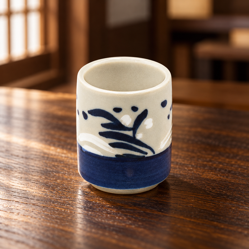 SH8-1 white and blue sake cup on wood